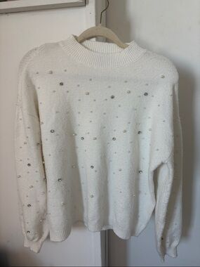 Pearl & Diamond Embellished White Crewneck Sweater
